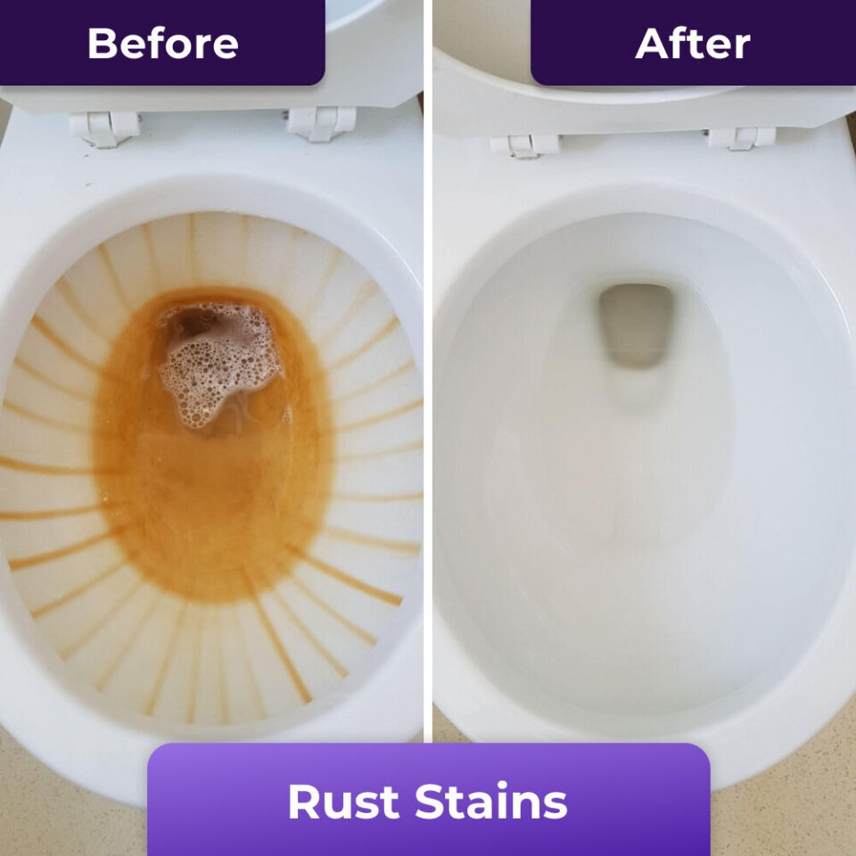FizzClean before and after removing rust stains from a toilet bowl